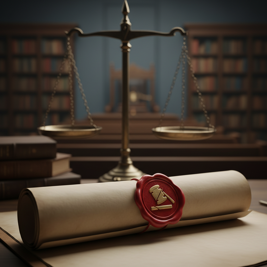 Document juridique scellé avec une balance de la justice en arrière-plan.