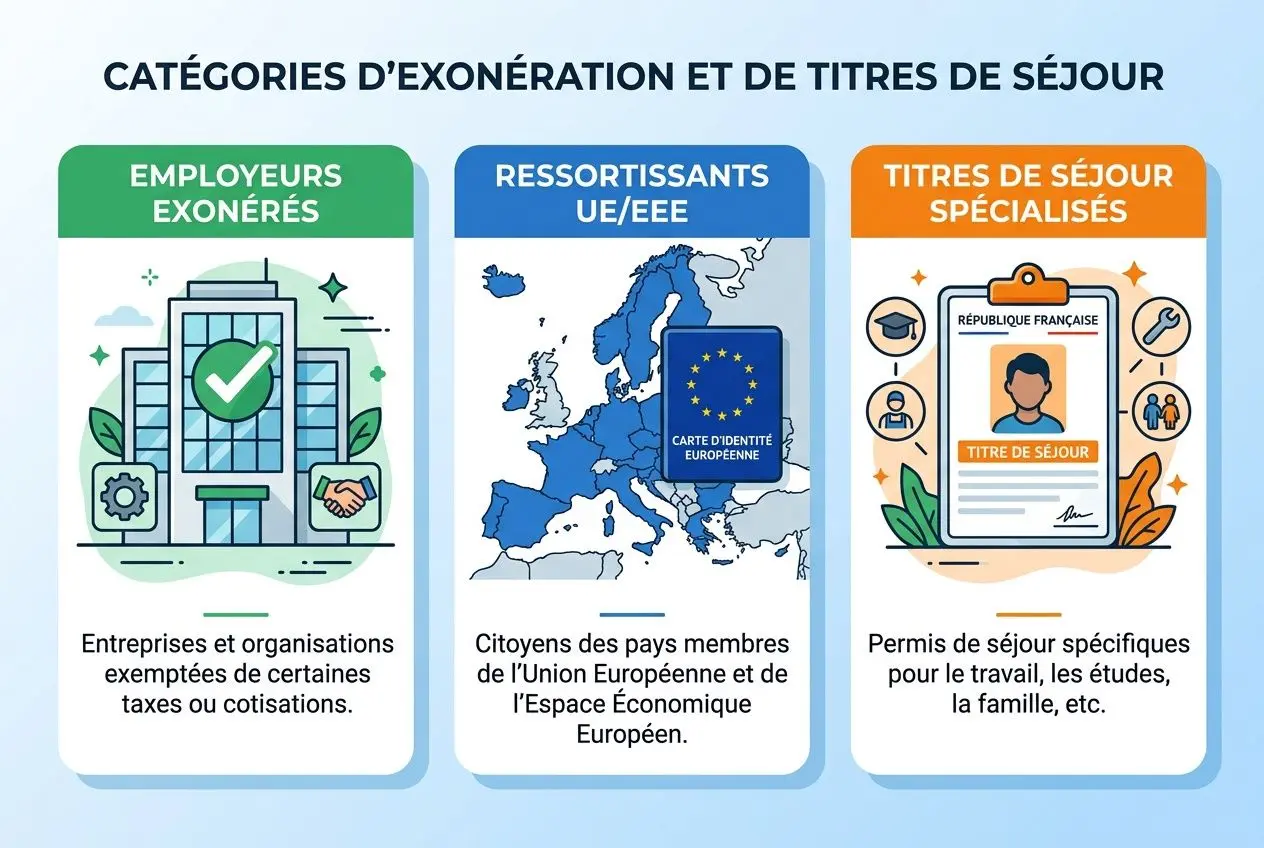 Catégories d’exonération et de titres de séjour: illustration montre trois blocs—employeurs exonérés, ressortissants UE/EEE et titres de séjour spécialisés—avec icônes et carte européenne. (intégration: taxe ofii employeur)