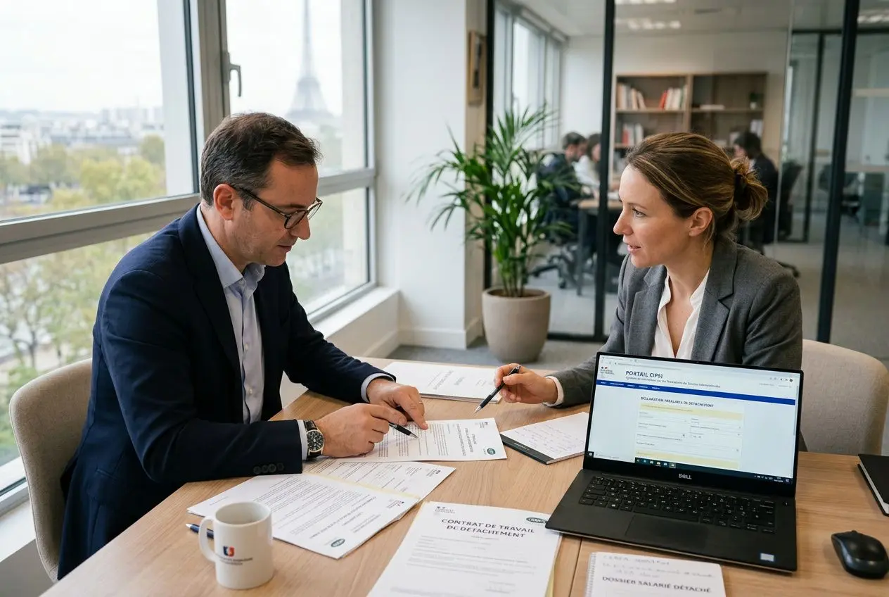 Deux professionnels en réunion de travail signant des documents sur une table, avec un ordinateur portable et des formulaires relatifs aux démarches administratives détachement travailleur.