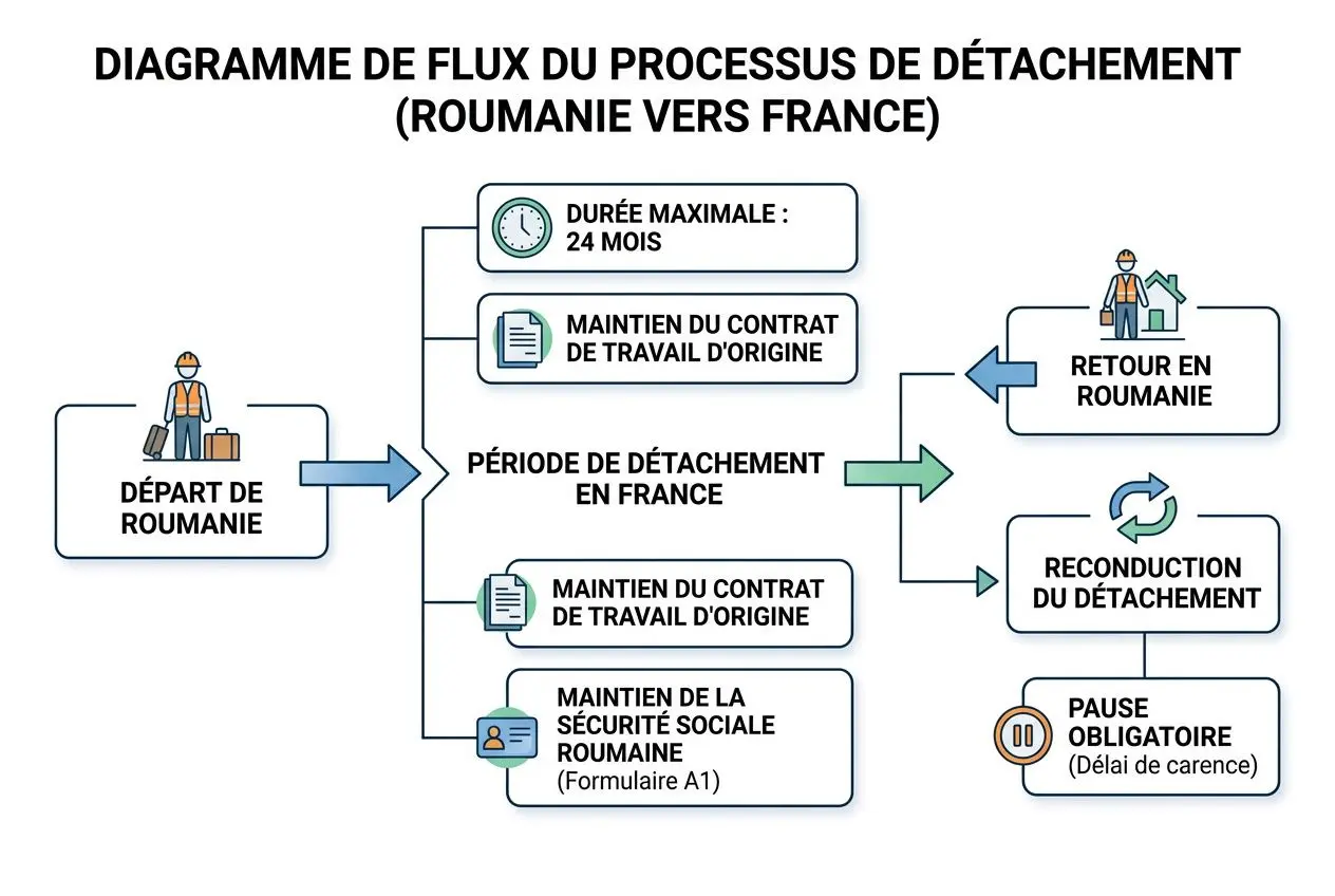 Diagramme de flux illustrant le détachement de travailleurs roumains en France, avec départ depuis la Roumanie, période de détachement, maintien du contrat et sécurité sociale, puis retour ou reconduction du détachement et pause obligatoire.