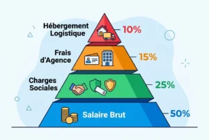 Diagramme en pyramide présentant les composants du coût total: Salaire Brut à 50%, Charges Sociales 25%, Frais d'Agence 15%, Hébergement Logistique 10%, pour illustrer le coût du détachement d'un travailleur roumain.
