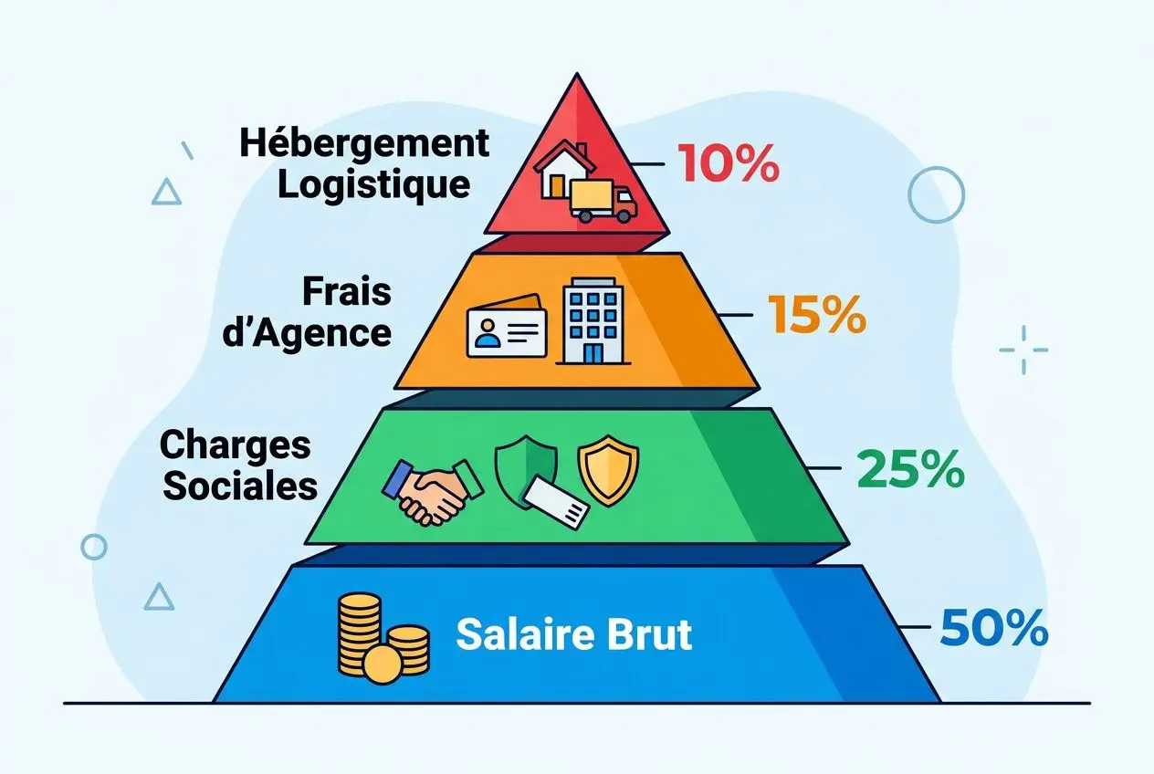 Diagramme en pyramide présentant les composants du coût total: Salaire Brut à 50%, Charges Sociales 25%, Frais d'Agence 15%, Hébergement Logistique 10%, pour illustrer le coût du détachement d'un travailleur roumain.