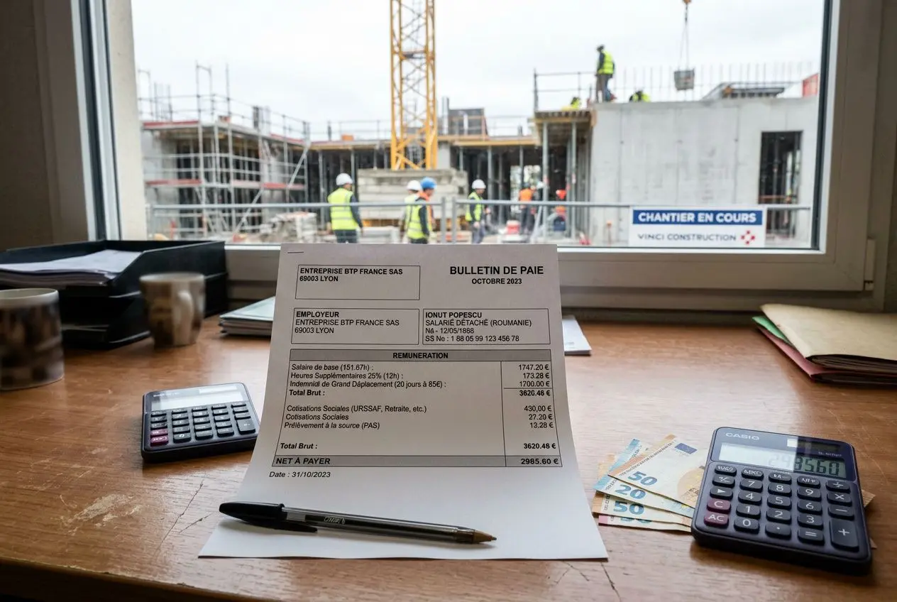 Facture et calculs sur une table: document imprimé montrant le coût du détachement, avec calculatrices et stylo, sur fond de chantier en cours. cōût du détachement d'un travailleur roumain intégré naturellement.