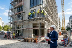 Homme en costume sur un chantier BTP, observant une façade en construction où des ouvriers en sécurité travaillent sur les échafaudages. agence intérim btp