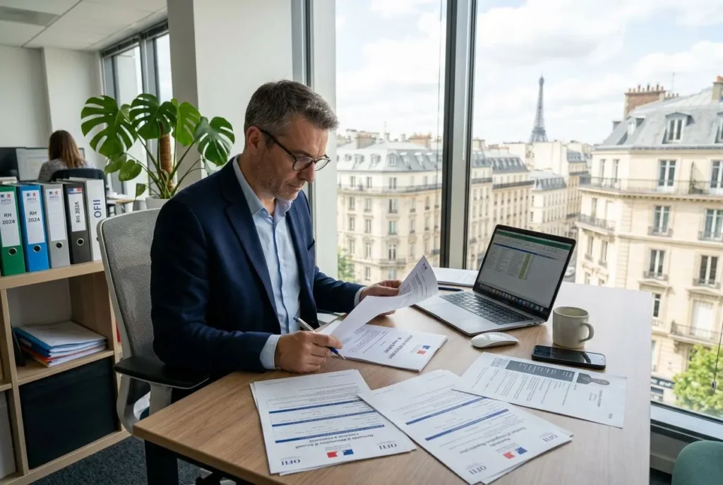 Homme d’affaires en costume travaillant à un bureau près d’une grande fenêtre, examinant des documents et des feuilles à côté d’un ordinateur portable. taxE OFII employeur intégré naturellement.