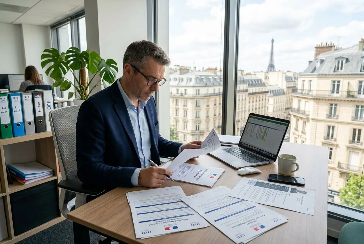 Homme d’affaires en costume travaillant à un bureau près d’une grande fenêtre, examinant des documents et des feuilles à côté d’un ordinateur portable. taxE OFII employeur intégré naturellement.