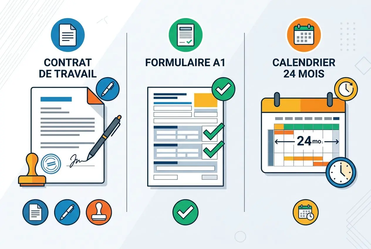 Illustration présentant les étapes des démarches administratives détachement travailleur: contrat de travail, formulaire A1 et calendrier 24 mois.