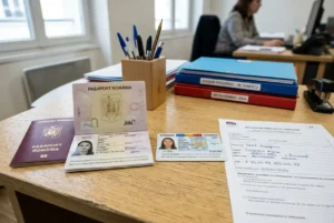 Ressources administratives sur une table: passeports roumains, dossiers personnels, documents de détachement et fichiers de recrutement, avec un décor de bureau. Travailleurs roumains en france.