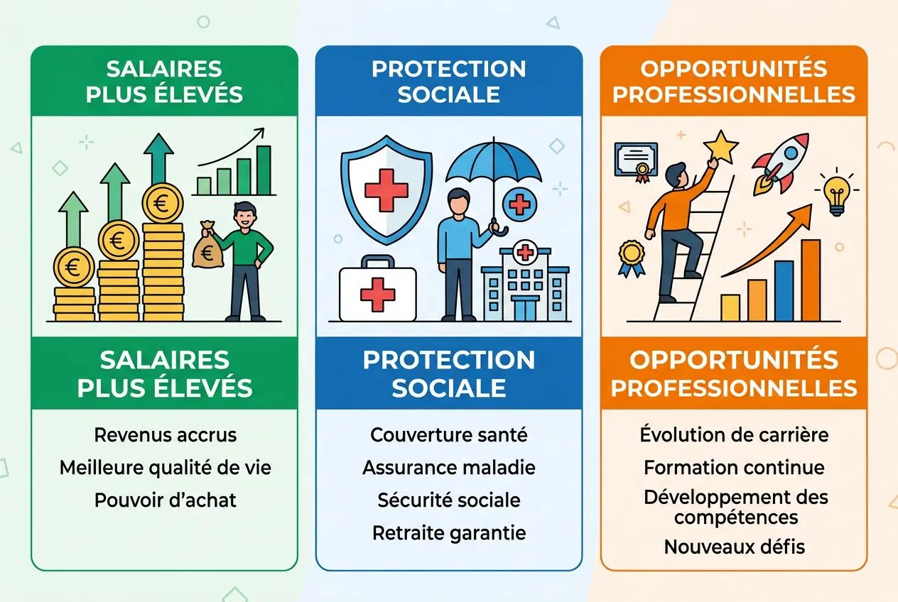Trois panneaux illustrés sur l’emploi: travailleurs roumains en France, avec “Salaires plus élevés”, “Protection sociale” et “Opportunités professionnelles” montrant croissances, icônes et silhouettes.