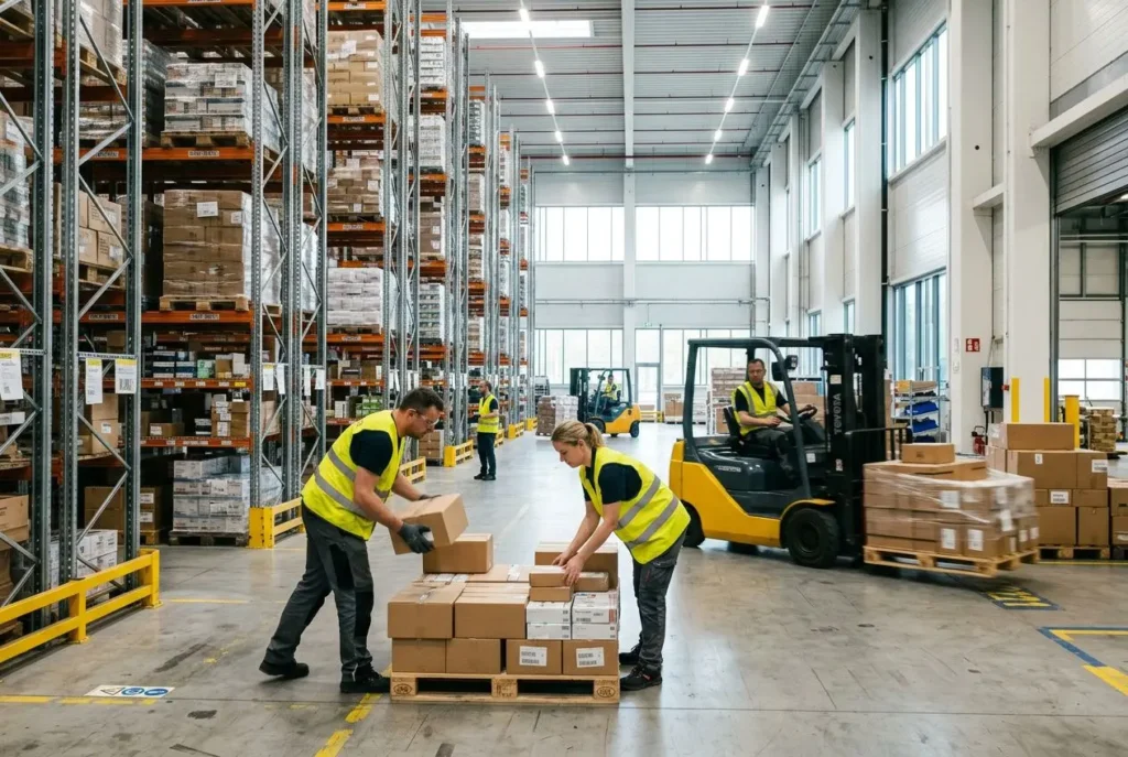 Agents en gilet jaune manipulant des colis dans un entrepôt logistique, rayonnages et chariots élévateurs en activité. agence intérim logistique.