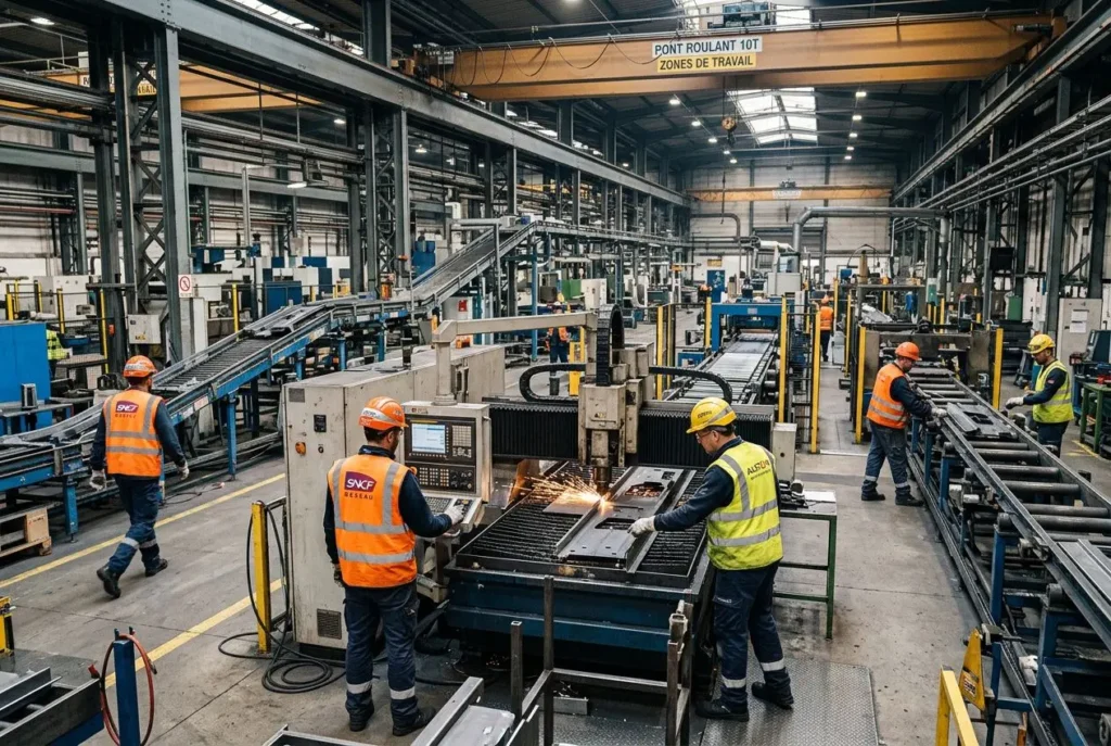 Agents et ouvriers en usine, machines et convoyeurs dans une chaîne de production industrielle équipée. Agence intérim industrie france, placement rapide.