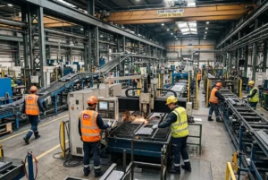 Agents et ouvriers en usine, machines et convoyeurs dans une chaîne de production industrielle équipée. Agence intérim industrie france, placement rapide.