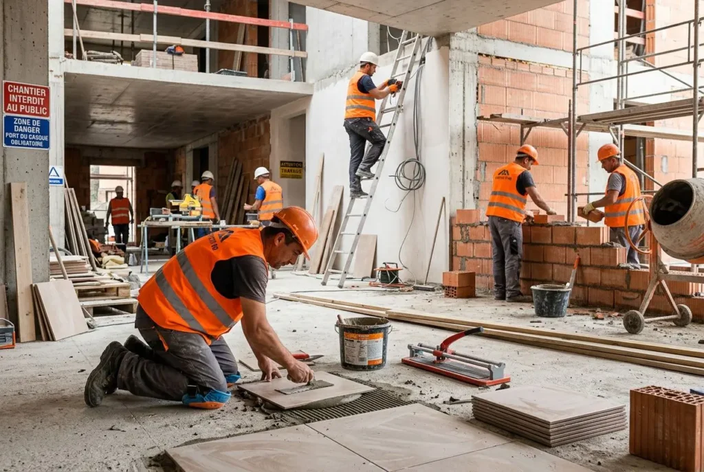 Chantiers de BTP avec ouvriers en gilet orange, pose de carreaux et préparation sur le sol. recrutement ouvriers construction roumanie intégration fluide dans une agence intérim.