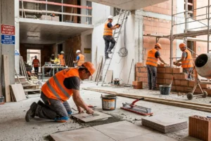 Chantiers de BTP avec ouvriers en gilet orange, pose de carreaux et préparation sur le sol. recrutement ouvriers construction roumanie intégration fluide dans une agence intérim.