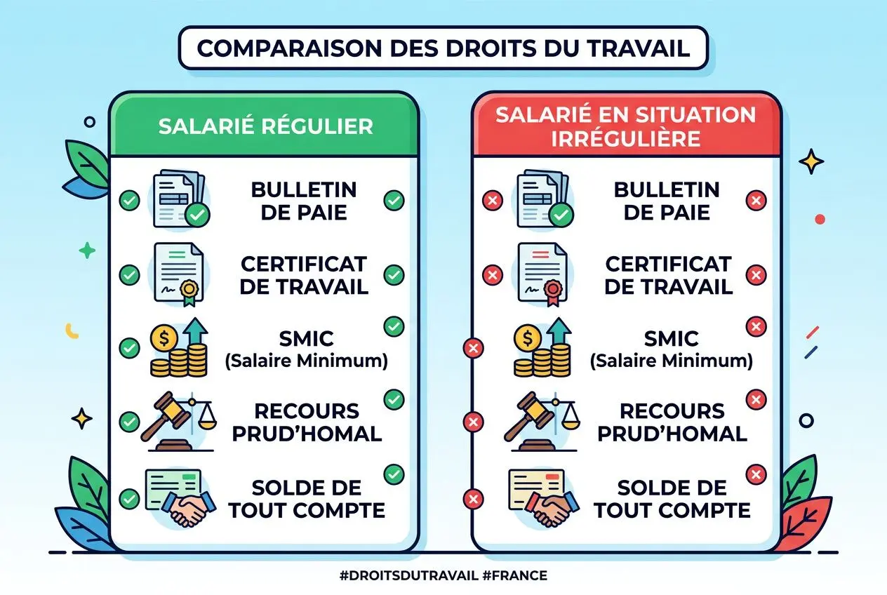 Comparaison des droits du travail entre salarié régulier et salarié en situation irrégulière, intitulé Droits du travail et détails comme bulletins de paie et protections.