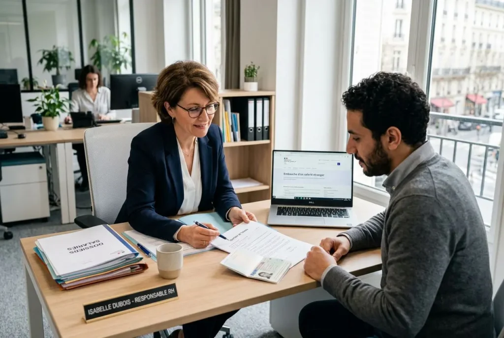 Deux professionnels discutent autour d’un bureau : une femme cadre signe des documents pendant qu’un homme écoute, avec ordinateur portable et dossiers à portée de main.
