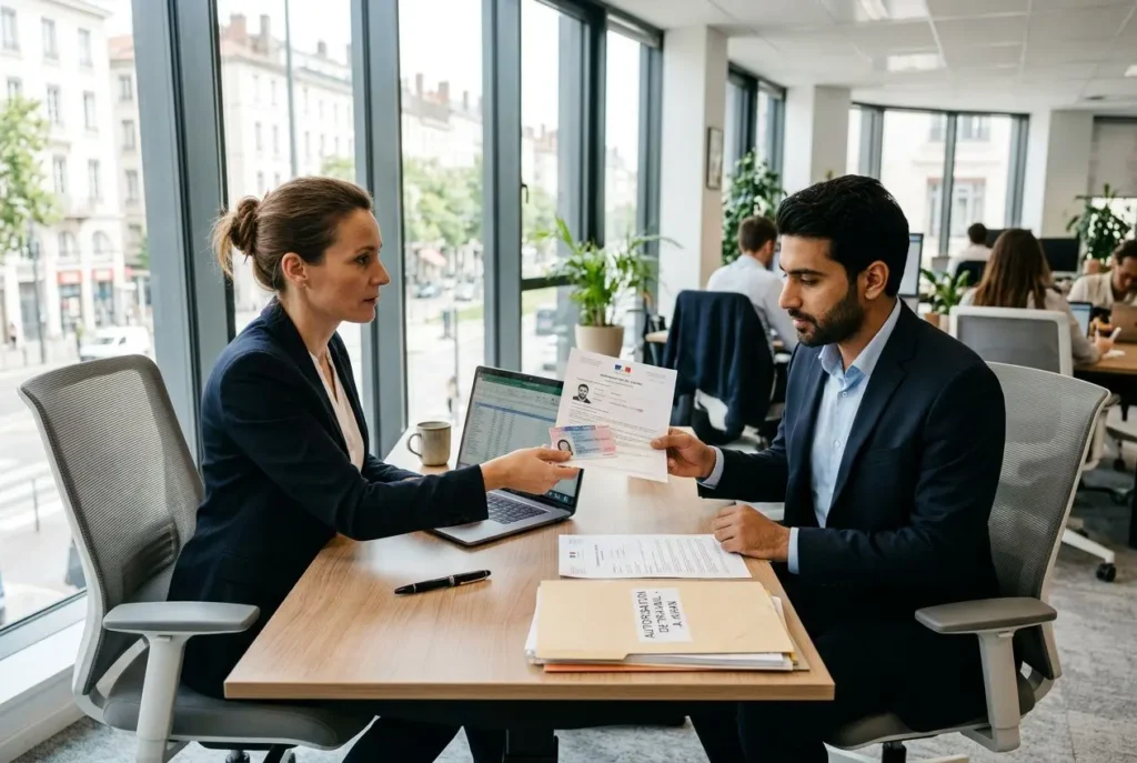 Deux professionnels en entretien d'embauche ou consultation, échange de documents officiels sur fond de bureau lumineux. Autorisation de travail en France pour les étrangers est abordée.