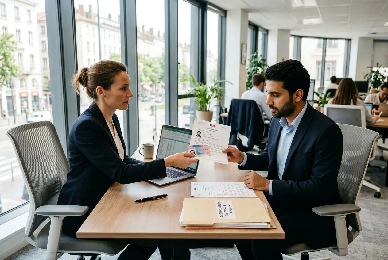 Deux professionnels en entretien d'embauche ou consultation, échange de documents officiels sur fond de bureau lumineux. Autorisation de travail en France pour les étrangers est abordée.