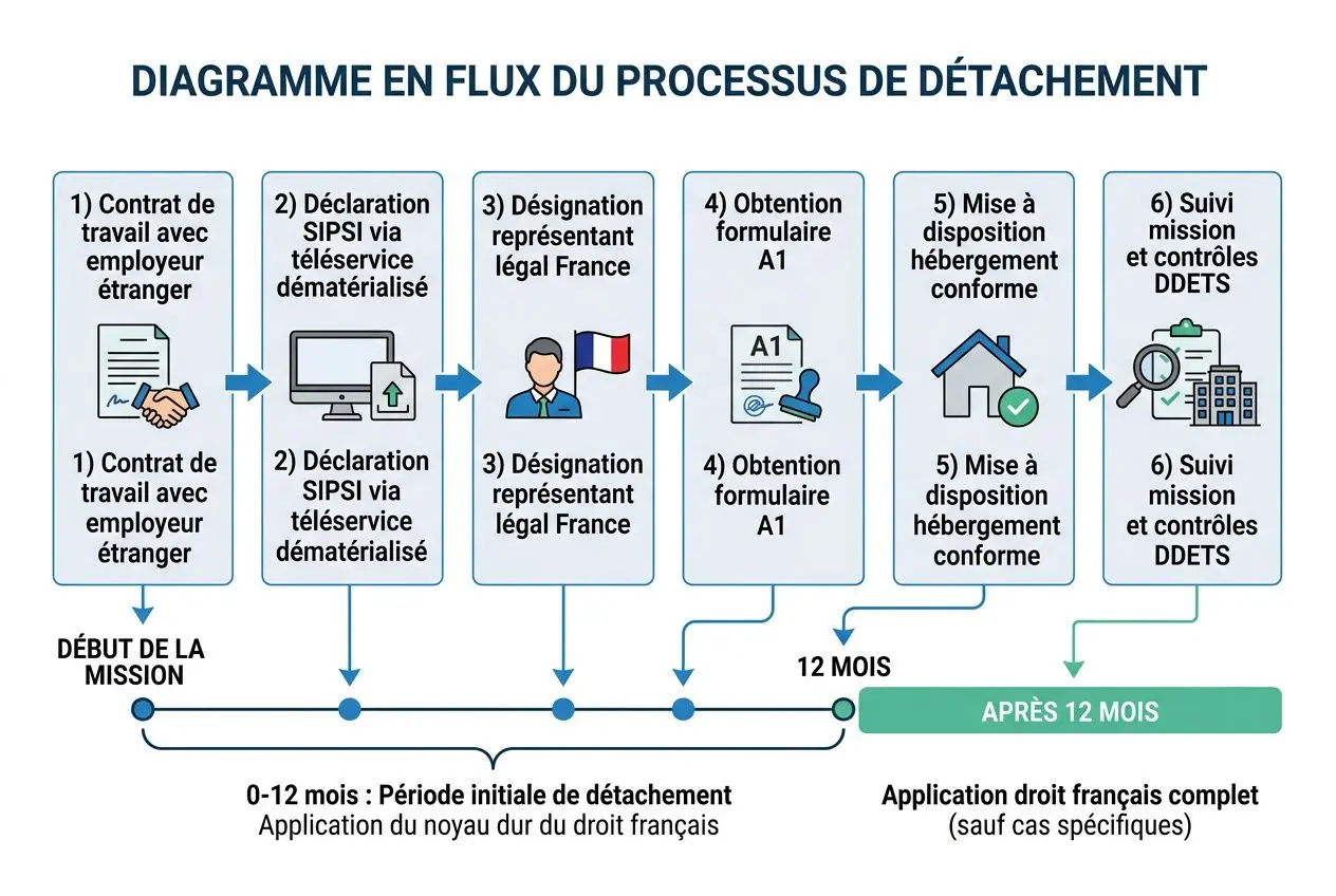 Diagramme en flux du processus de détachement illustrant les étapes: contrat, déclaration, désignation, obtention A1, logement conforme, suivi DD TES; montre la période initiale et l’application du droit français après 12 mois, intégrant le thème “hébergement travailleurs détachés” de la procédure.