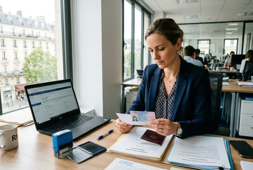 Femme salariée vérifiant ses documents d’identité près d’un ordinateur en bureau, cadre professionnel sur les droits des salariés étrangers en france