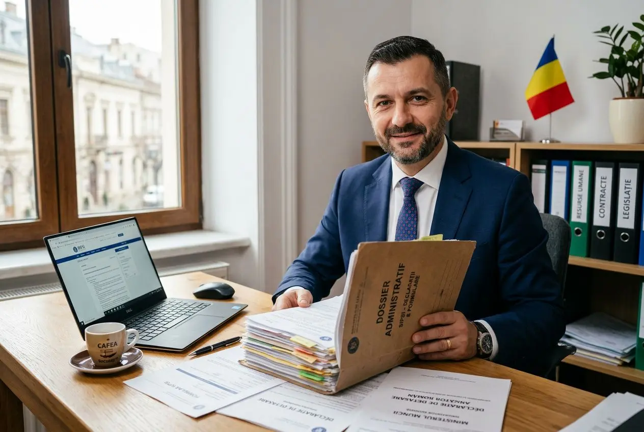 Homme d’affaires en bureau, lit des dossiers près d’un ordinateur portable sur son bureau, avec drapeau roumain en arrière-plan.