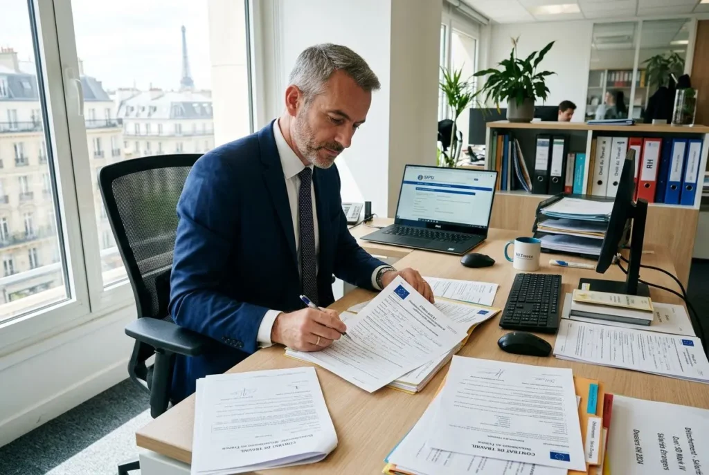 Homme d'affaires en costume signe des documents sur son bureau, avec ordinateur portable et piles de dossiers dans un bureau lumineux. agence détachement travailleurs qualifiés.