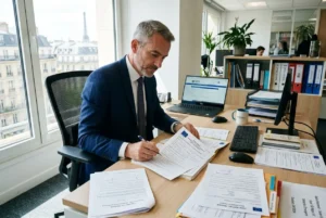 Homme d'affaires en costume signe des documents sur son bureau, avec ordinateur portable et piles de dossiers dans un bureau lumineux. agence détachement travailleurs qualifiés.
