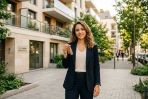 Jeune femme en costume noir tient des clés sur un trottoir urbain, sourire, devant immeubles et arbres; représentation d’aide au logement pour les intérimaires.