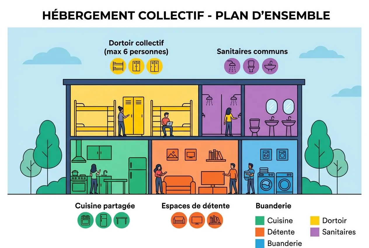 Plan d’ensemble d’un hébergement collectif: dortoirs, cuisines partagées, espaces de détente, buanderie et sanitaires communs, logement adapté pour travailleurs détachés.