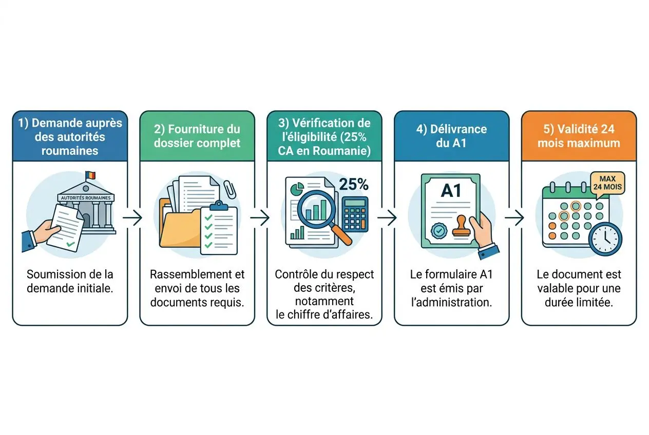 Processus en 5 étapes pour les démarches administratives détachement roumanie, incluant demande initiale, dossier, vérification d’éligibilité, délivrance A1 et validité 24 mois.