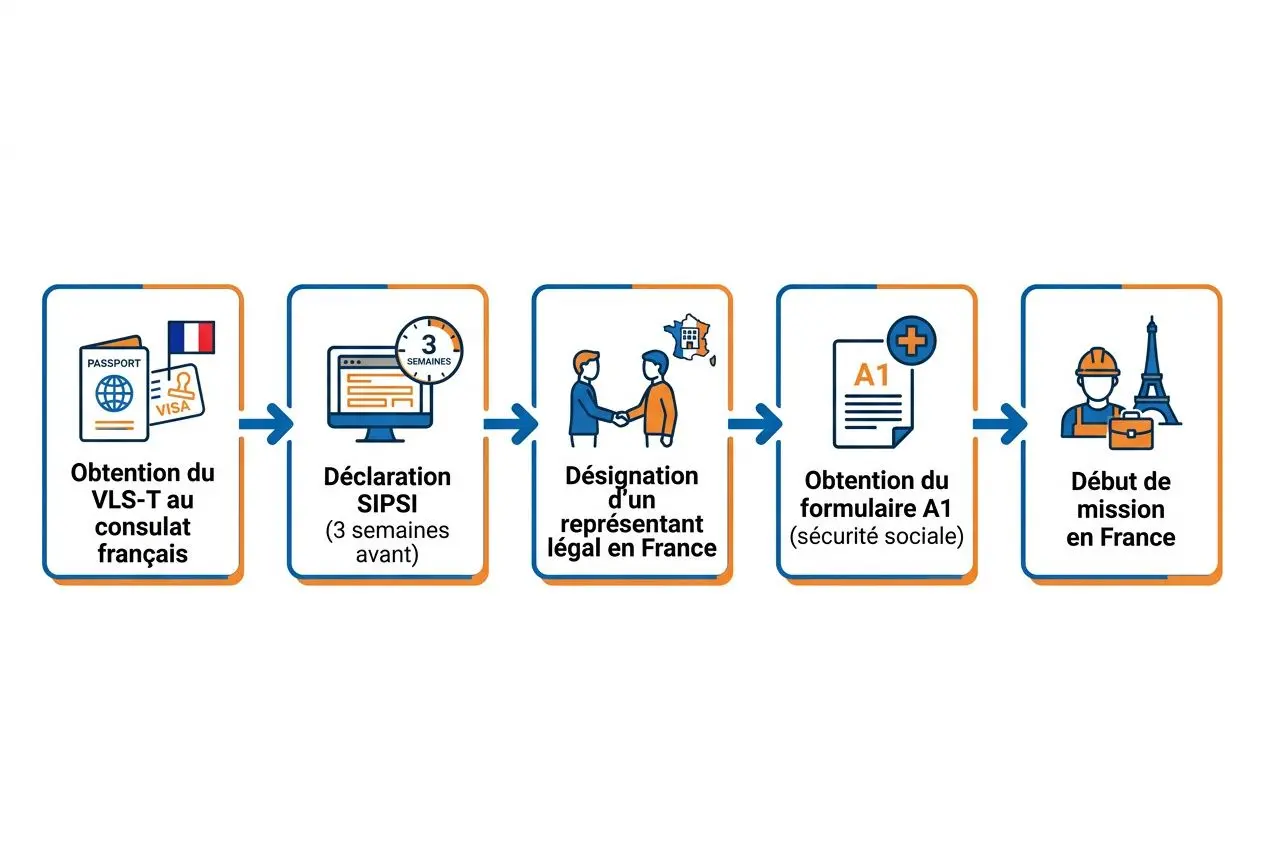 Processus d’obtention d’autorisation de travail en France: VLS/TU, déclaration SIPSI, désignation d’un représentant, formulaire A1 et début de mission en France.