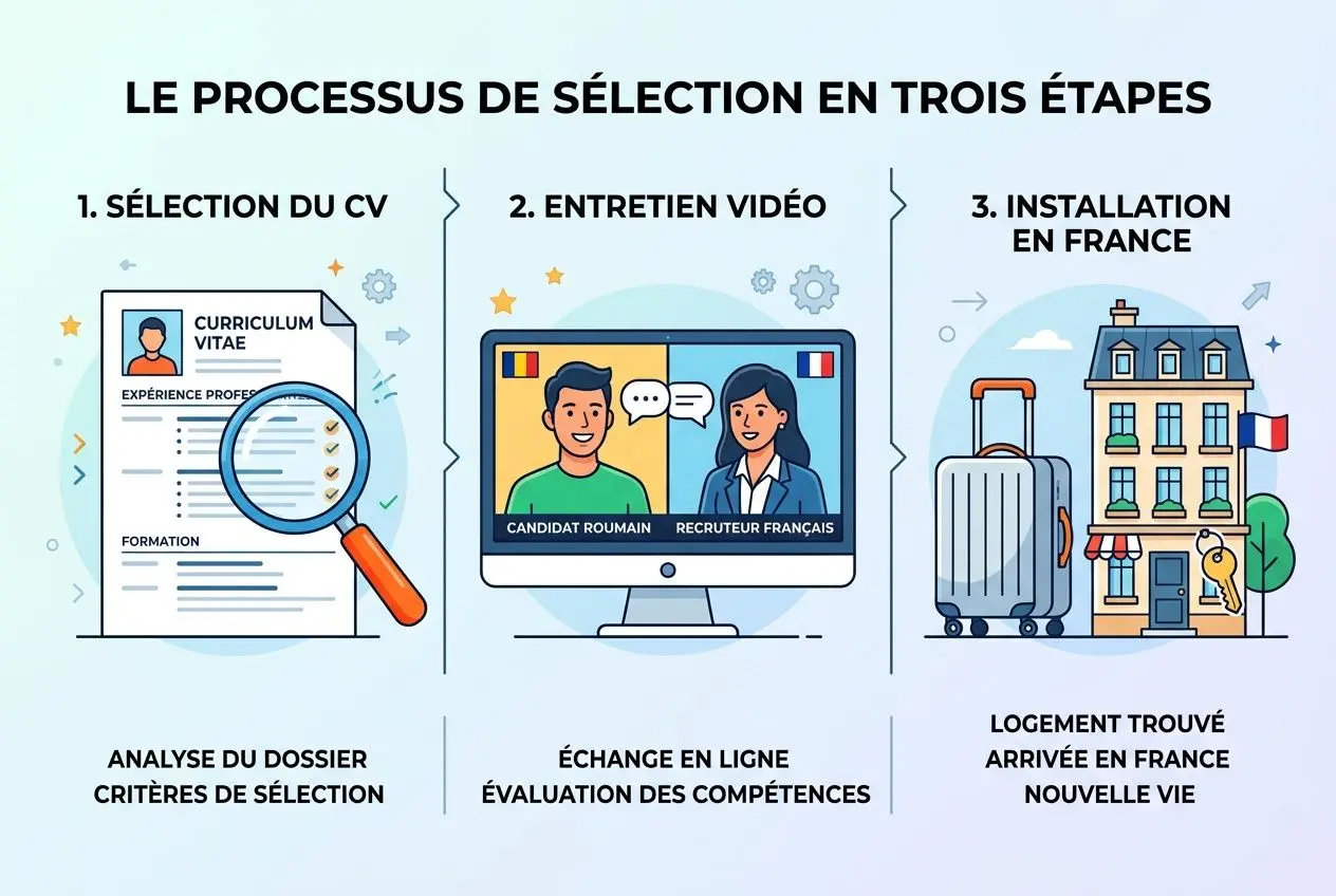 Processus de sélection en trois étapes pour une agence détachement travailleurs qualifiés: CV, entretien vidéo, installation en France, avec analyse de dossier et évaluation des compétences.