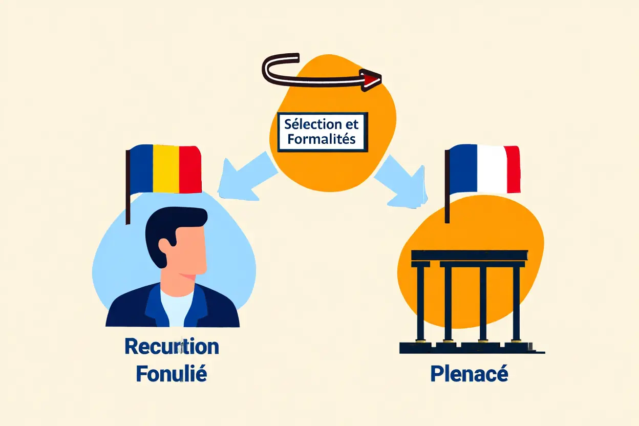 Recrutement ouvriers construction roumanie: illustration montrant sélection et formalités, avec un candidat “Recrution Fonelié” et un bâtiment, drapeaux roumain et français.