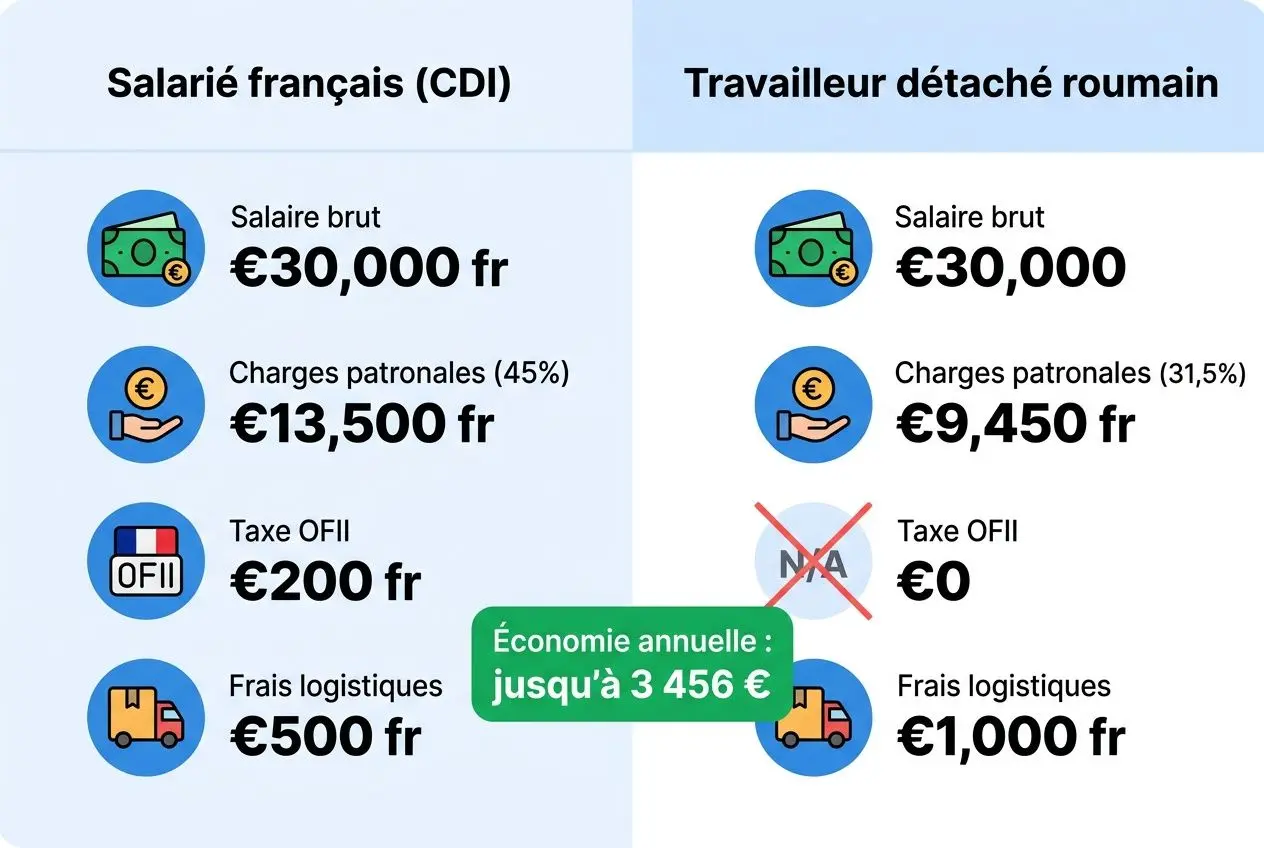 Tableau comparatif des coûts: salarié CDI vs travailleur détaché roumain, avec salaires bruts, charges patronales, taxe OFII, frais logistiques; valeur d’économie annuelle indiquée. Intègre le mot-clé: coût embauche travailleur etranger.