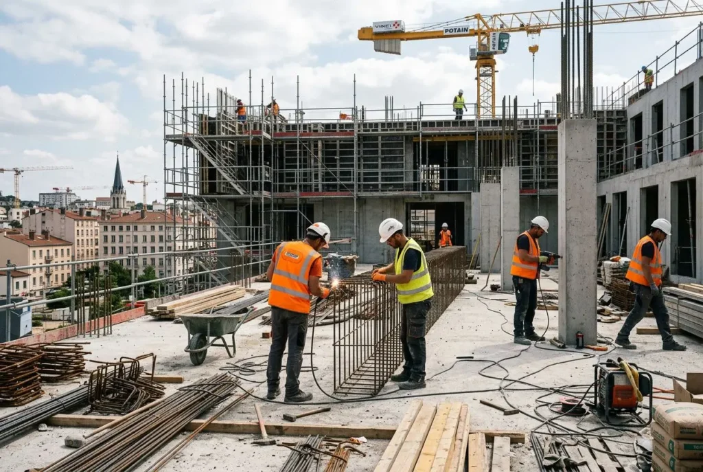 Travailleurs sur un chantier en construction, serrant des armatures et manipulant des outils, avec structures et grue en arrière-plan. Métiers en tension pour étrangers.