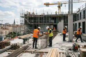 Travailleurs sur un chantier en construction, serrant des armatures et manipulant des outils, avec structures et grue en arrière-plan. Métiers en tension pour étrangers.