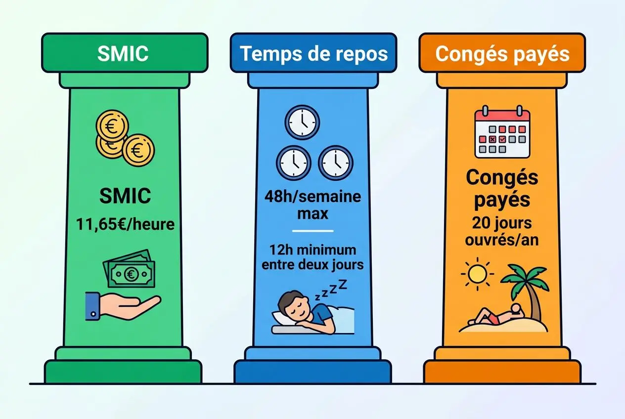 Trois colonnes illustrant les droits liés au détachement: SMIC horaire de 11,65€, temps de repos jusqu’à 48h/sem, et congés payés (20 jours/an), avec icône travail et plage. Intègre le sujet « démarches administratives détachement roumanie ».