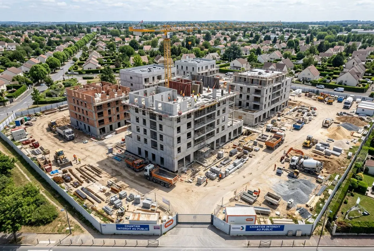 Vue aérienne d’un chantier de construction avec plusieurs bâtiments en élévation et matériel, terrain entouré par une banlieue résidentielle. Hébergement travailleurs détachés intégré de manière fluide dans le contexte du logement et des obligations légales.