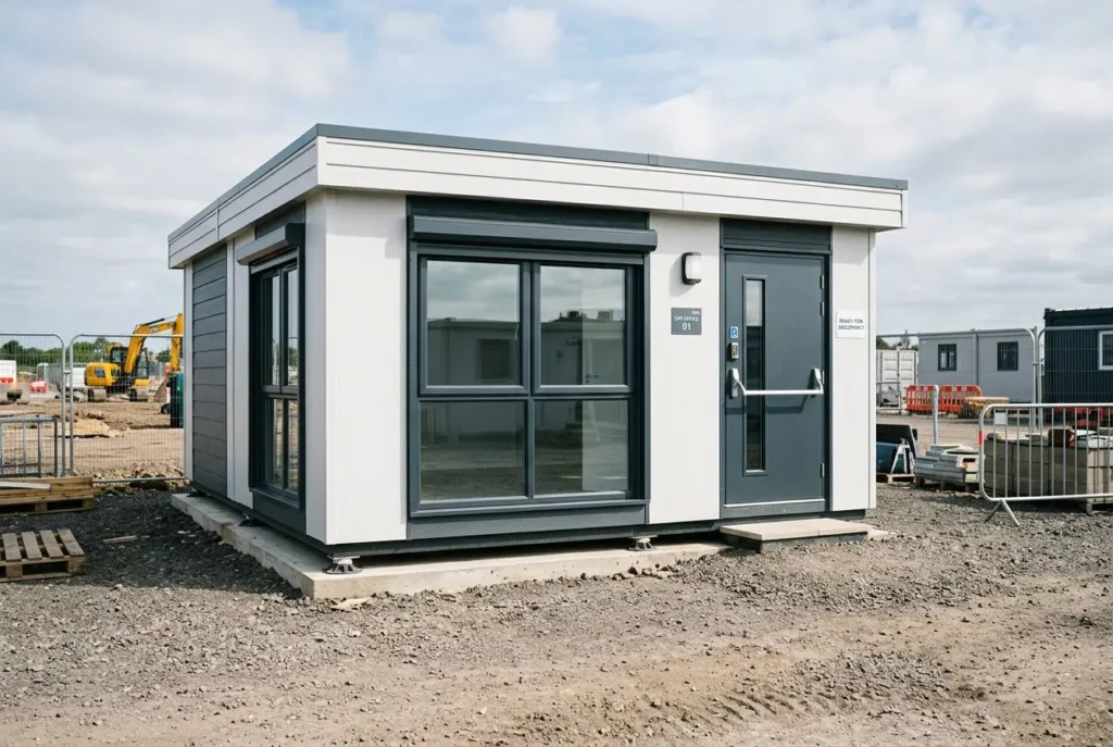 Bungalow chantier habitable moderne sur terrain, façade blanche avec grandes fenêtres et porte noire, prêt à être installé pour logement temporaire.