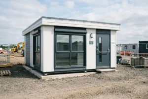 Bungalow chantier habitable moderne sur terrain, façade blanche avec grandes fenêtres et porte noire, prêt à être installé pour logement temporaire.
