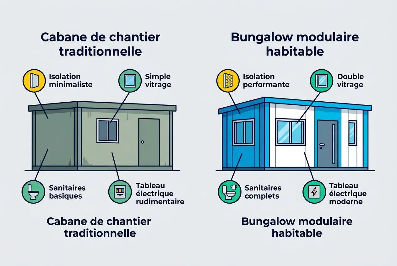Bungalow modulaire habitable: isolation performante, double vitrage et sanitaires complets avec tableau électrique moderne.