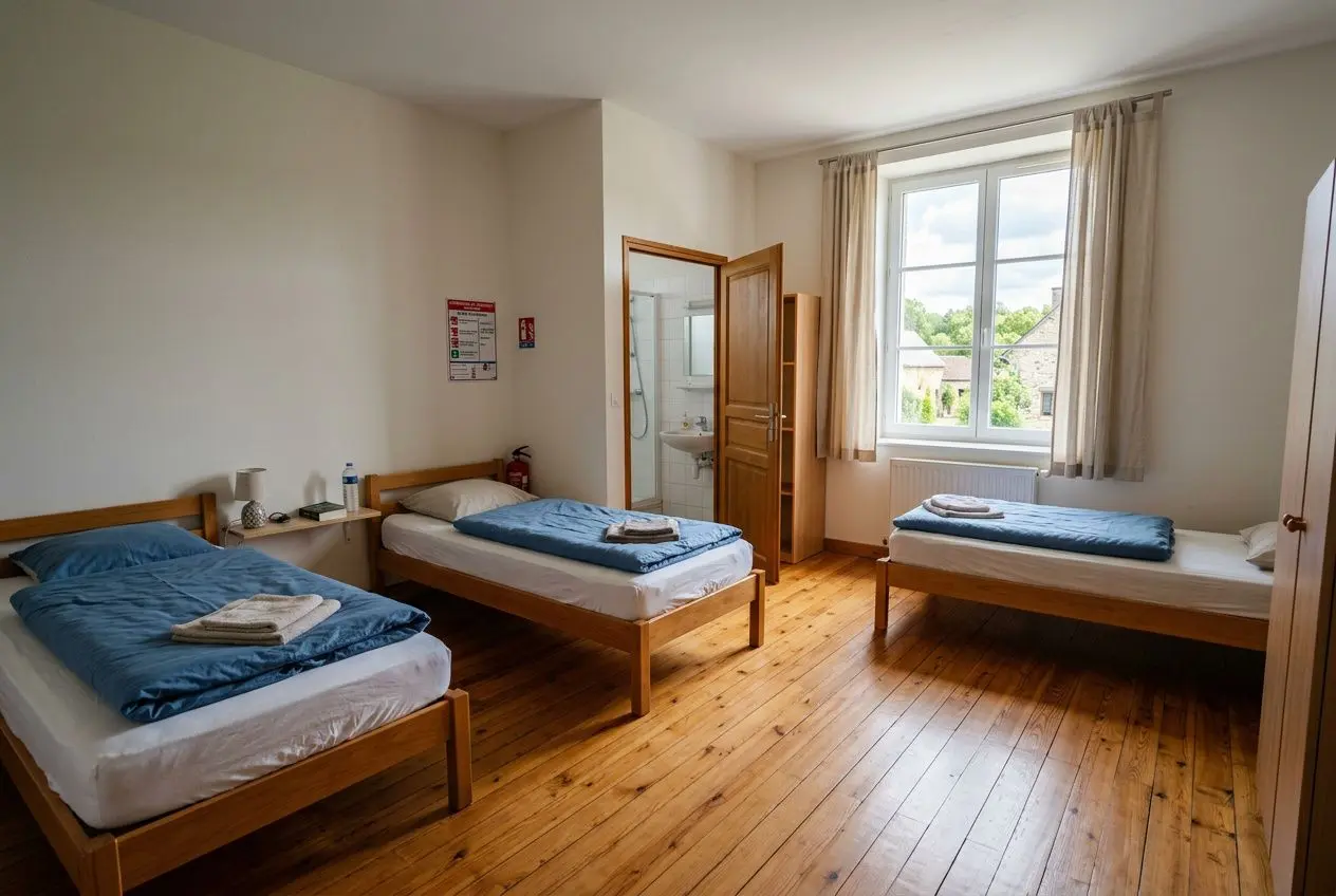 Chambre simple avec trois lits simples en bois, draps bleus et serviettes. Large fenêtre laissant entrer la lumière, parquet en bois clair et porte ouvrant sur une salle de bains accessible. Vue partielle sur l’extérieur. Hébergement travailleurs saisonniers.
