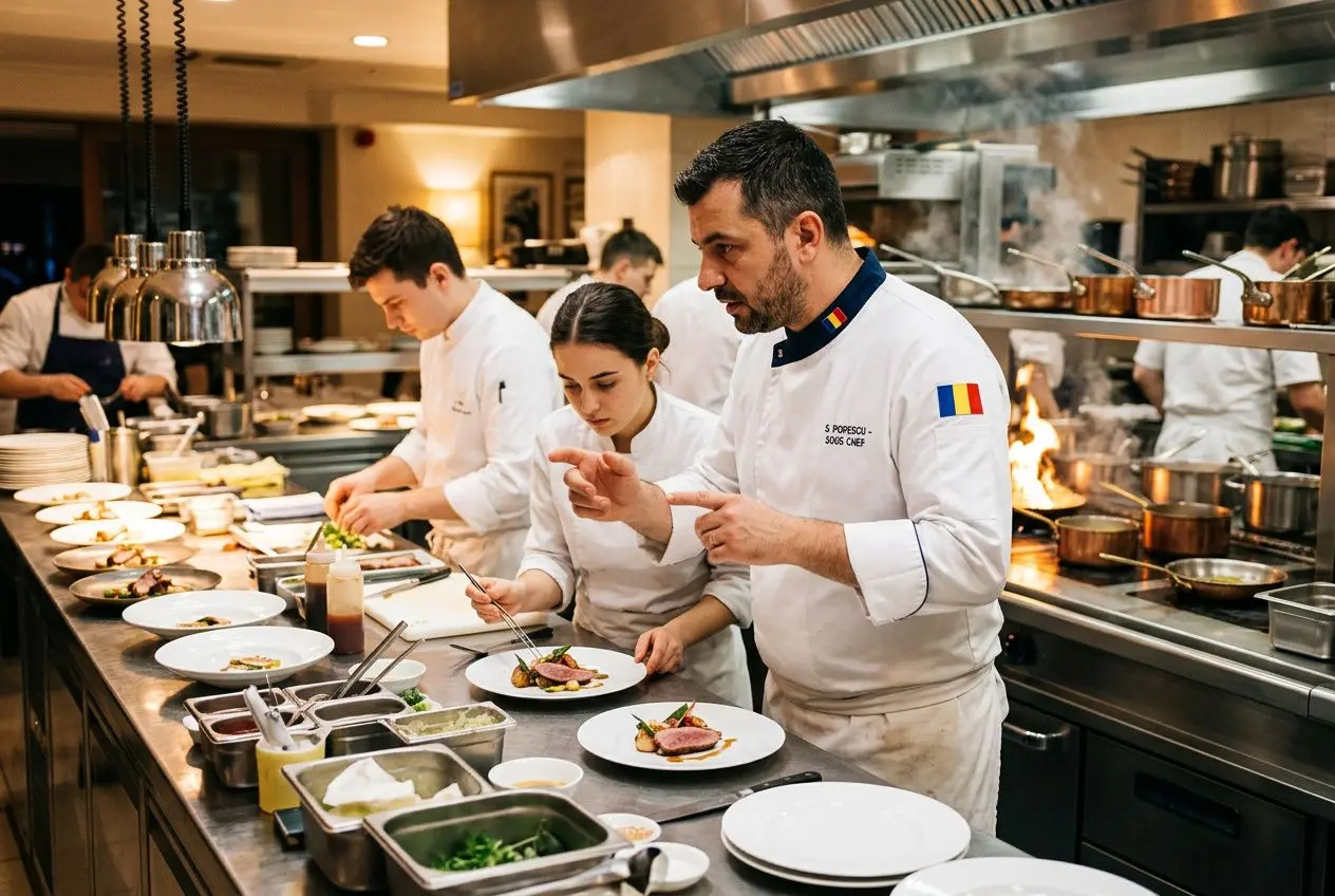 Chefs et personnel en cuisine sous les hotspots d’un restaurant, préparation assiette et service au comptoir. personnel hôtellerie restauration roumai intégré.