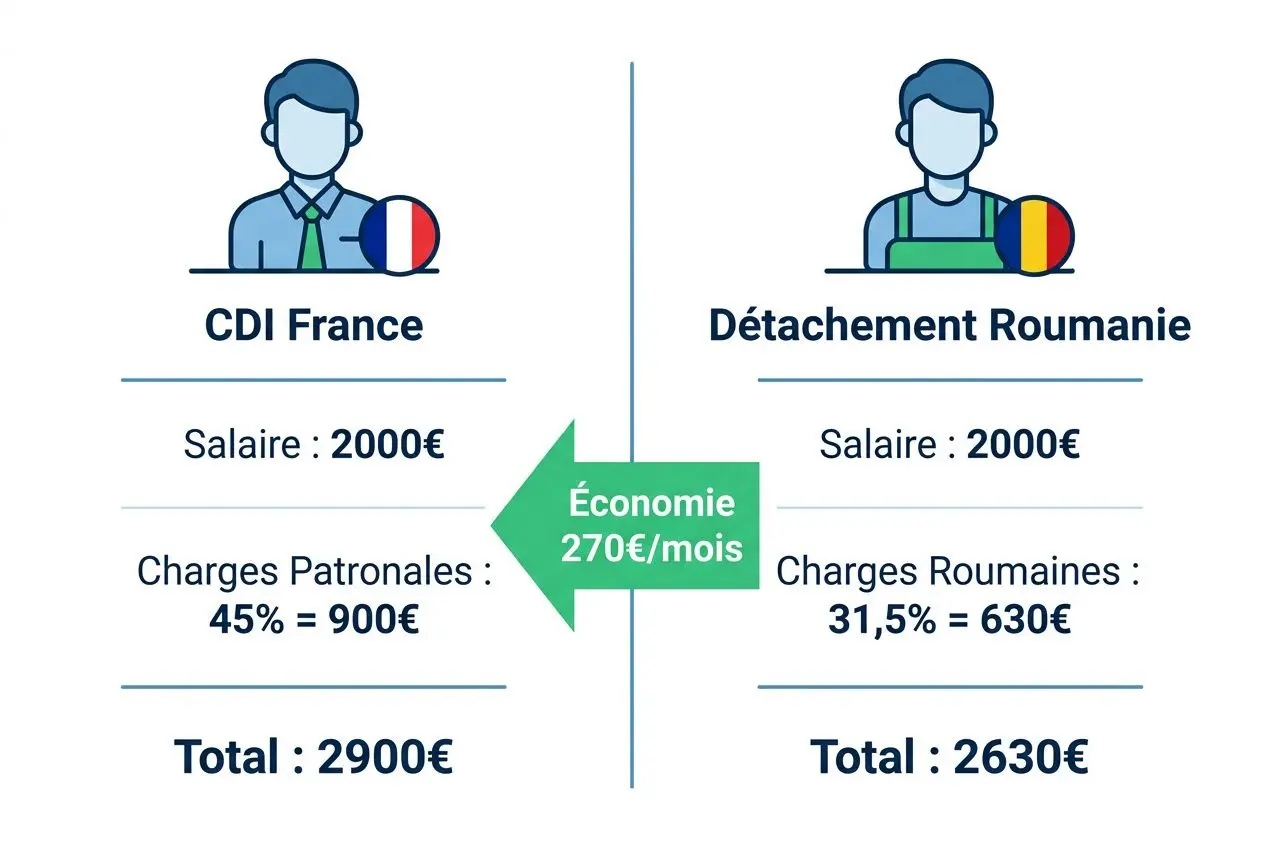 Comparaison des coûts d’embauche: CDI France vs Détachement Roumanie, salaire 2000€, charges 45% (900€) vs 31,5% (630€), total 2900€ vs 2630€, économie 270€/mois. Mot-clé intégré naturellement.