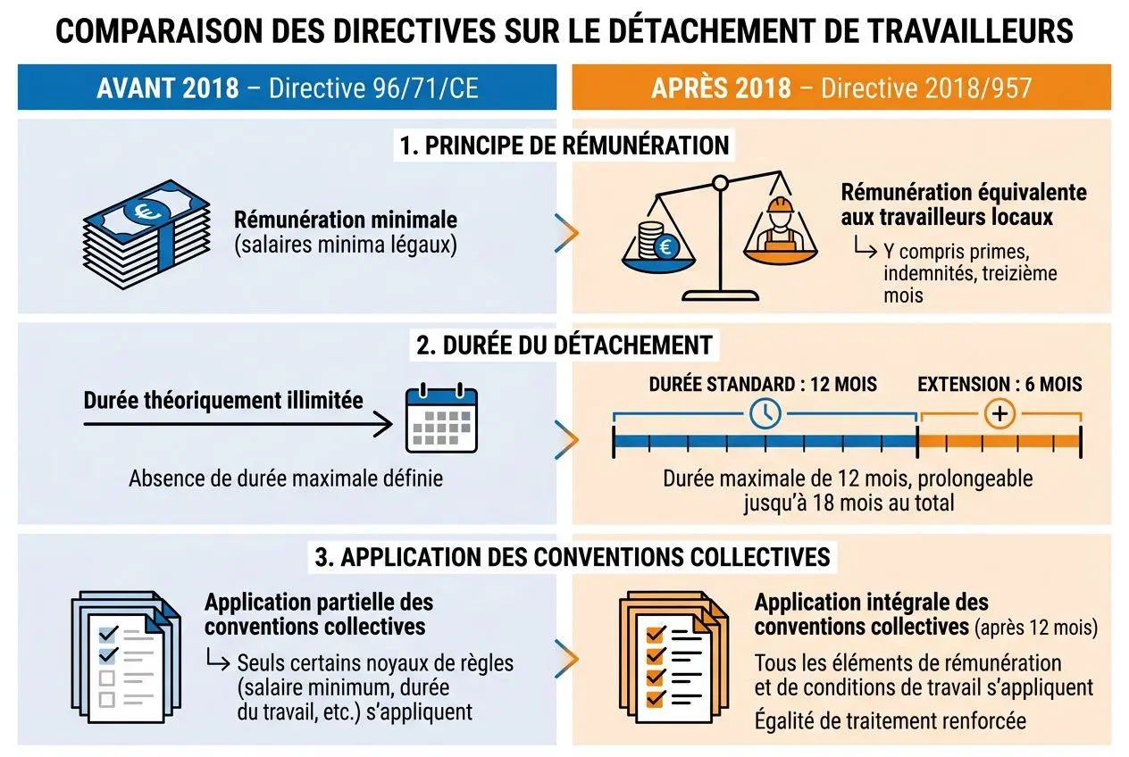 Comparaison des directives sur le détachement de travailleurs: avant 2018 (Directive 96/71/CE) vs après 2018 (Directive 2018/957) et principes de rémunération, durée du détachement et application des conventions collectives. directive travailleurs détachés distincte image di?