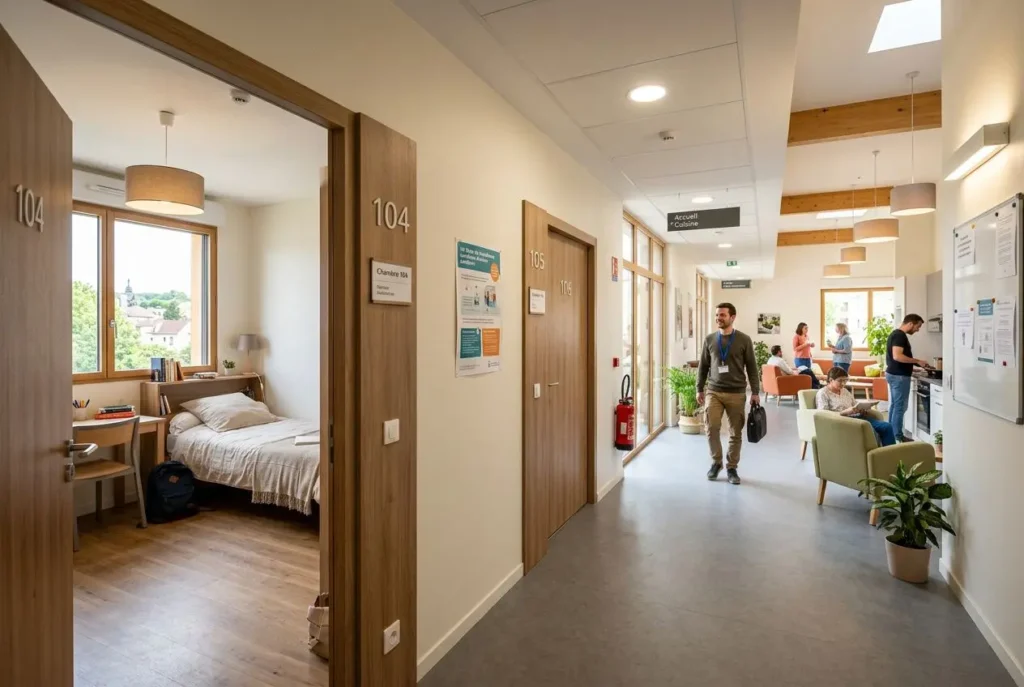 Couloir d’un foyer avec chambres simples numérotées 104 et 105, espaces de détente et réception en arrière-plan.