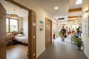Couloir d’un foyer avec chambres simples numérotées 104 et 105, espaces de détente et réception en arrière-plan.