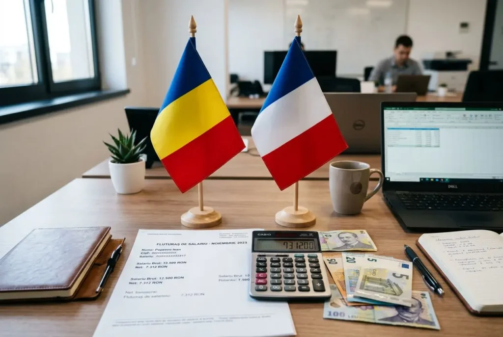 Deux drapeaux (Roumanie et France) plantés sur un bureau avec ordinateur, calculatrice, billets et documents financiers. Alt: étude sur les salaires et comparaisons entre salaire moyen d'un roumain en France et en Roumanie.