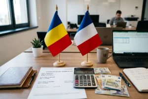Deux drapeaux (Roumanie et France) plantés sur un bureau avec ordinateur, calculatrice, billets et documents financiers. Alt: étude sur les salaires et comparaisons entre salaire moyen d'un roumain en France et en Roumanie.