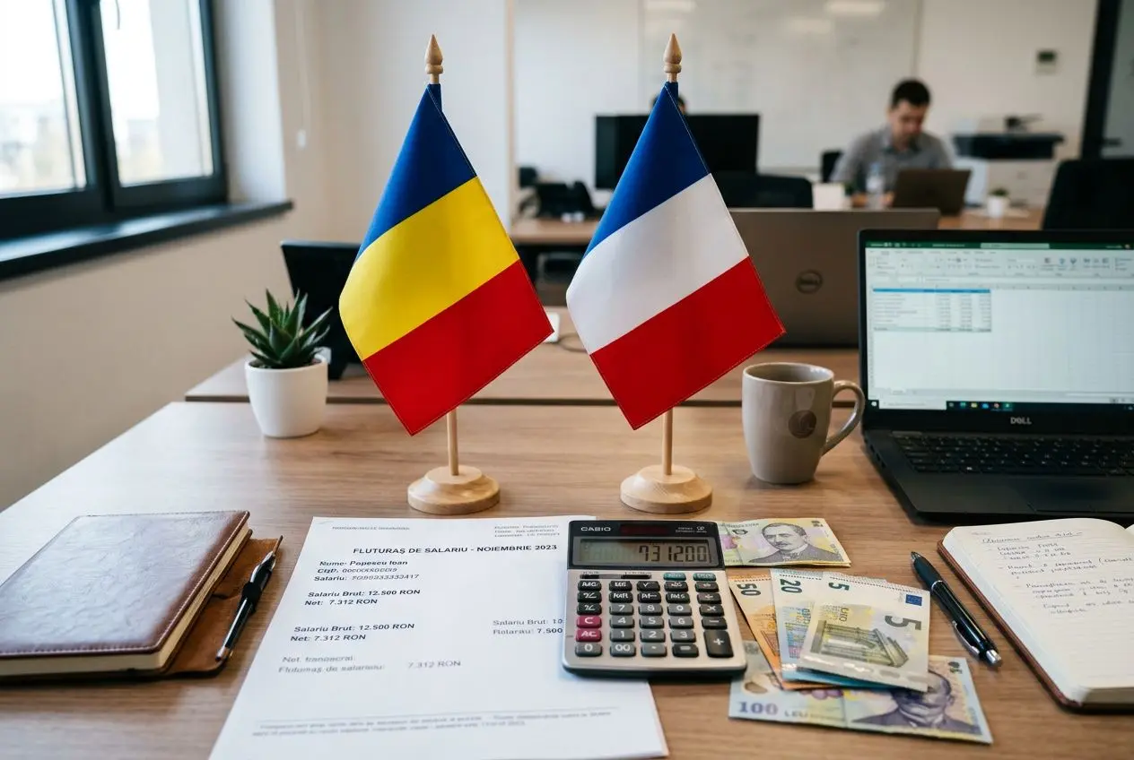 Deux drapeaux (Roumanie et France) plantés sur un bureau avec ordinateur, calculatrice, billets et documents financiers. Alt: étude sur les salaires et comparaisons entre salaire moyen d'un roumain en France et en Roumanie.
